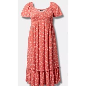 Torrid Orange/Pink Floral Smocked Empire Waist Maxi Flutter Sleeve Plus Dress